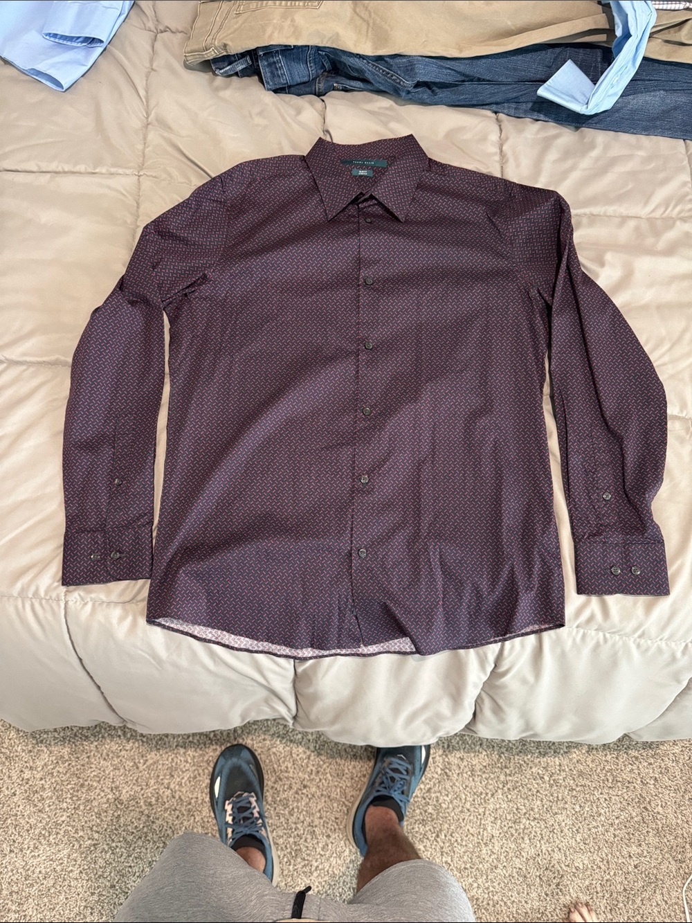 Perry Ellis Burgundy Micro-Pattern Long Sleeve Dress Shirt
